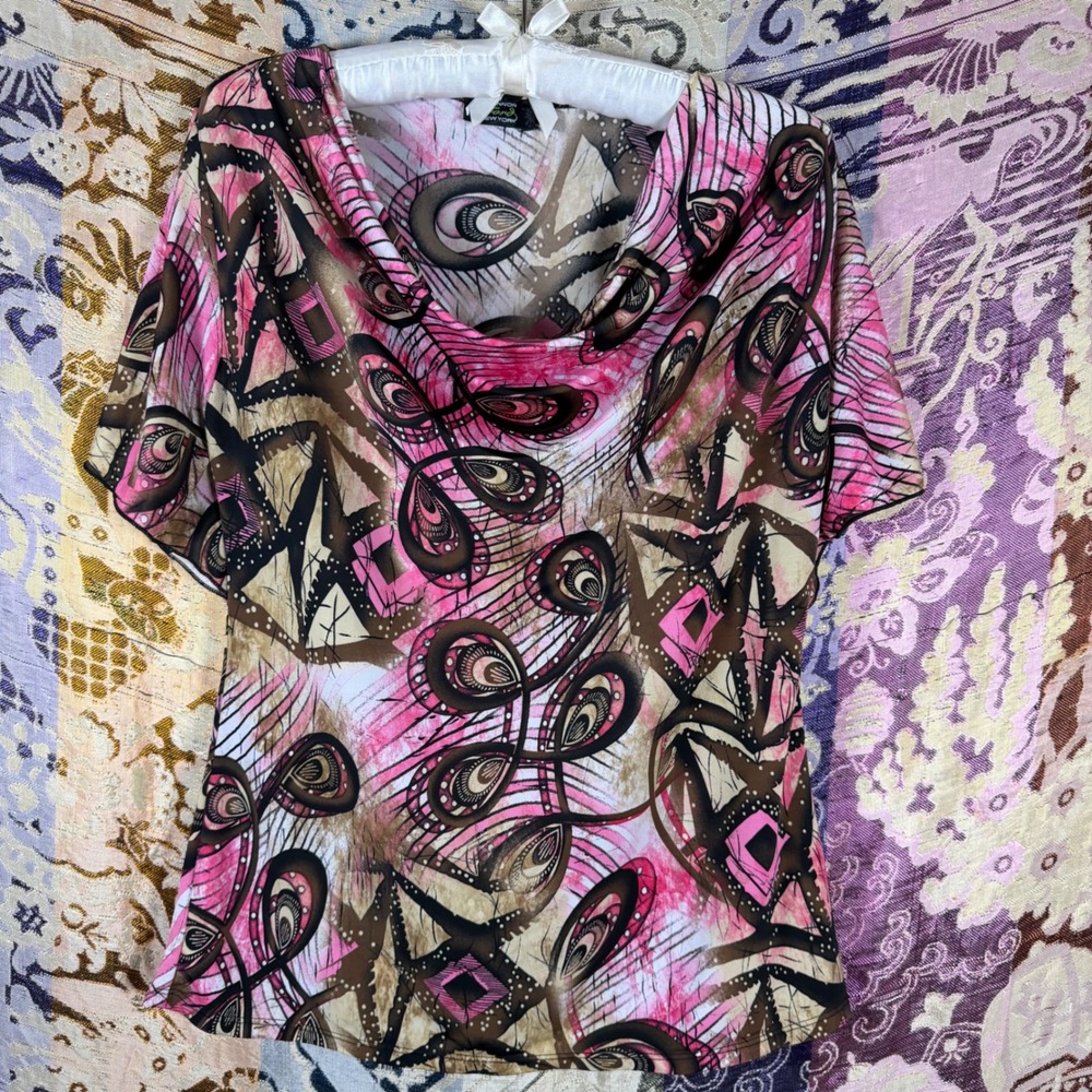 Whimsy Brown+Pink Cowl Neck Flowy Blouse Artsy Boho Indie Oversized S